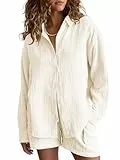 Famulily Schlafanzug Damen Lang XXL Hausanzug Sommer Lang Set Zweiteiler Pyjama Lang Jogginganzug Mit Taschen Beige 2XL