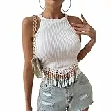 Hanaoops Crop Tops Damen Sexy Ärmellose Neckholder Tops Y2K Cropped Oberteil Slim Fit Schulterfrei Bauchfrei Tank Top Sommertop Quaste Camisole Shirts