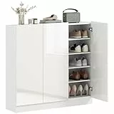 HOMCOM Schuhschrank, Schuhregal mit Verstellbaren Ablagen, Belüftungslöchern, Hochglanztüren, Schuhaufbewahrung mit Soft-Close-Funktion, Schuhkommode für 25–30 Paar 106,4x34x108,5cm, Weiß
