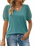 Aokosor Damen Sommer Tops V-Ausschnitt T-Shirt Schweizer Punkt Puffy Ärmel Shirts Grünblaugrün 2XL