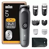 Braun All-in-One Trimmer-Set 5, 9-in-1 Multigroom, Barttrimmer, Haarschneider, Haarschneidemaschine für Gesicht, Kopf und Körper, 120 Min Akku, 14 Längen (3–21 mm), Wasserdicht, AIO5545, Grau