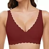 GXOULRRA Komfort Tief V BH Damen ohne Bügel Nahtloser Bügelloser BHS Klassische Soft Bustier Seamless T Shirt Bequem Bralette mit zusätzlicher Rot M
