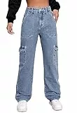 Alaster Queen Damen Baggy Jeans Freizeit Mode Denim Cargo Hose Jeans Damen High Waist Klassisch blau S