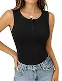 Totatuit Damen Tops Sexy Rundhalsausschnitt Tank Top Ärmellos Sommer Oberteile Gerippt Basic Shirt Camisole mit Knöpfen Schwarz M