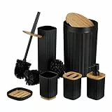 Relaxdays Badezimmer Set, 6-teilig, Badaccessoires Kunststoff & Bambus, komplettes Badzubehör-Set, Badset, schwarz/Natur