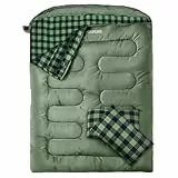 Poepore Doppelschlafsack Flanell für Erwachsene Deckenschlafsack Baumwolle 2 Personen Winter mit 2 Kissen und Tragetasche für Outdoor Camping Wandern 233 * 157CM Olive