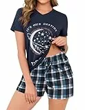 Crewhpo Schlafanzug Damen Kurzarm Pyjama Kurz Baumwolle für Sommer Zweiteiliger Nachtwäsche Set Karierte Nachthemd Kurzärmeliges Kurzer Loungewear V-Ausschnitt