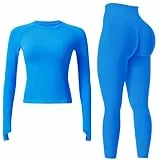 JN JANPRINT Nahtlose Fitness-Sets für Damen, 2-teilig, langärmelig, Top, versteckte Scrunch-Leggings, Yoga-Outfits, Trainingsanzug, blau, 38