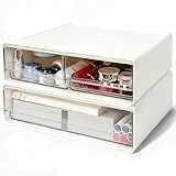 OSTWOLKE Schubladenbox Schreibtisch mit 3-Schubladen: 2 Stück Büro Organizer mit Schubladen Gross, Stapelbar Schubladenboxen Kunststoff, Aufbewahrungsbox mit Schublade für Bürobedarf Kosmetik, Weiß