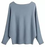 FULIER Boot-Ausschnitt Batwing Ärmel Dolman Lose gestrickte Pullover und Pullis Pullover Tops für Frauen (Denim-Blue)