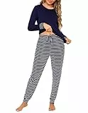 Litherday Schlafanzug Damen Lang Baumwolle Winter Pyjamas Set Langarm Loungewear Zweiteiliger Rundhals Sleepwear mit Schlafanzüge Frau Nachtwäsche