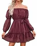 BebreezChic Kleid Damen Elegant Langarm Off Shoulder Einfarbig Swiss Dot Luftig Sommerkleid Minikleider Partykleid Strandkleid mit Gürtel, Burgundy XL