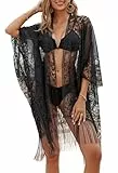 colornival Sexy Kimono-Spitzenstrandkleid für Damen mit offener Front und Fransen für den Urlaub (Schwarz, Klein)
