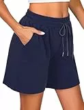 Uniexcosm Kurze Sportshorts Damen Sporthose High Waist Shorts Damen Sommer Shorty mit Taschen und Kordelzug Freizeitshorts für Running Gym Fitness Marineblau L