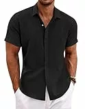 COOFANDY Leinenhemd Herren Sommer Kurzarmhemd Casual Strandhemd Button Down Hemd Schwarz L