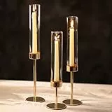 NUPTIO Kerzenständer Gold Glaszylinder für Kerzen: 3er Kerzenhalter Stabkerzen mit Glasaufsatz Glas Stabkerzenhalter Hochzeit Tischdeko Hochzeitsdeko Tisch Goldene Zylinder
