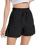 WUWUSKY Leicht Kurze Hose Damen Sommer High Waist Musselin Bermuda Shorts Mit Taschen,Schwarz,XXL