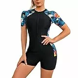 FYMNSI Damen Kurz/Langarm Einteiler Badeanzug mit tropischem Blumendruck Reißverschluss vorne Rashguard Badeanzug Strandkleidung, blau, S