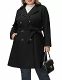 Hanna Nikole Mantel Damen Winter Große Größen Zweireihiger Wollmantel mit Taschen Gürtel Langarm Mittellanger Trenchcoat Wintermantel Schwarz 54