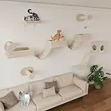 BYBYME Kletterwand Katzen Mit Langer BrüCke, Katzenregale Mit KratzbäUmen Und Katzenhaus, 5PCS Platzsparendes KlettermöBel FüR Erwachsene Katzen Und KäTzchen (Beige)