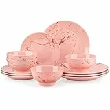 LOVECASA 12-teiliges Porzellan-Geschirrset für 4 Personen, Rosa mit Goldmotiv, spülmaschinenfest, vielseitig für alle Anlässe, inkl. 4 Speiseteller, 4 Dessertteller & 4 Schüsseln