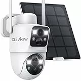 CZEview 4MP Überwachungskamera Aussen Akku, 360° PTZ Überwachungskamera Außen Solar mit Dual-Objektiv, 2.4GHz WLAN Kabellose Kamera mit PIR Bewegungsmelder, Farb-Nachtsicht, 2-Wege-Audio, IP65