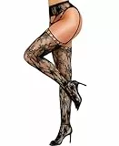 RSLOVE Sexy Strapsstrümpfe für Damen - Florale Spitzen-Netzstrümpfe mit Integriertem Strapsgürtel für Besondere Anlässe Schwarz Einheitsgröße