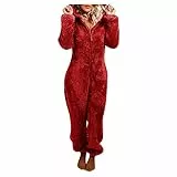 EMATOP Warmer Fleece Overall Damen Kuschelig Jumpsuit Plüsch Schlafanzug Elegant Einteiler Onesie Langarm Einfarbig Pyjama Flauschig Lang Schlafoverall mit Kapuze & Reißverschluss Hausanzug