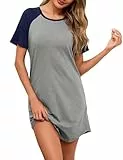 Uniexcosm Nachthemd Damen Kurzarm Schlafshirt Kurz mit Rundhals Kontrastfarben Nachtwäsche Baumwolle Schlafhemd Frauen Sommer Soft Sleepshirt Grau S