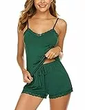 Avidlove Schlafanzug Damen Kurz Spitze Pyjama Zweiteiliger Sommer Ärmellos Nachtwäsche Set Sexy Hausanzug Sleepwear mit Cami Top und Shorts Grün S