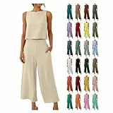 AACH Damen Zweiteilige Outfits Lässiges Sommer Outfits Leinen Crop Tank Top und Hose 2-teilige Rundhals Ärmelloses Freizeitanzug mit Taschen Hosenanzug Lange Leicht Einfarbig Loungewear