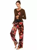 Famulily Schlafanzug Damen Lang Pyjama Set V-Ausschnitt Schlafanzüge Zweiteiliger Baumwolle Nachtwäsche Kuschelig Print Hausanzug Loungewear Braun XL