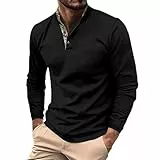 Generisch Polo Shirts Für Herren Langarm Waffelmuster Poloshirt Mit Button-down-Kragen Hemd Mode Henley Oberteile Sweatshirts Camisa De Cuello para Hombre(Black, XL)