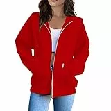 LUNULE Damen Sweatjacke Mit Kapuze Oversize Hoodie Jacke Frauen Casual Style Pullover Mit Kapuze Damen-Jacken Bequeme Langarm Sweatshirt Jacke Herbst Winter Einfarbig Kapuzenjacke Full Zip (Red,3XL)