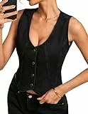 Kate Kasin Damen Weste Anzugweste Denim Button Down Freizeit Vintage Jacke Dressy Ärmellos Westen Schwarz S