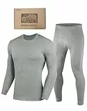 YESWEL Thermounterwäsche Herren Set, Weich Merino Unterwäsche Winter, Warme Merinowolle Skiunterwäsche, Langarm Shirt und Hose Funktionsunterwäsche (Hellgrau,L)