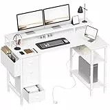 Yaheetech Schreibtisch in L-Form mit Steckdosen, 120 x 68 cm, Weiß, Reversibel Gaming Tisch mit Monitorhalterung & 4 Schubladen & 2 Regal & 1 Aufbewahrungstasche, Eckschreibtisch für Homeoffice