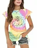 Arshiner Tshirt Mädchen Batik Kurzarmshirt Rüschenärmel Oberteil Kinder Sommer Rundhals Top mit Kordelzug 11-12 Jahre