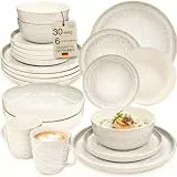SÄNGER Key West | Steingut Geschirr Set 30 tlg, Teller Set 6 Personen, 6x Speise- Dessertteller, Müslischalen, Pastaschalen, Kaffebecher Kombiservice Creme mit sandiger Maserung | VALUE COLLECTION