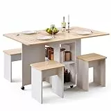 Mondeer Essgruppen, Klappbarer Esstisch mit 4 Stühlen, Esstisch Set mit Rollen und 2 Offenen Ablagen, für Kleine Räume Esszimmer Küche, 120 x 80 x 80 cm, Weiß und Roteiche