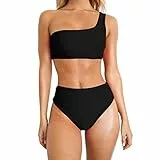 TSWRK Damen Bikini Set Zweiteiliger Badeanzug One Shoulder Badeanzug Süß Bademode Einfarbig Bandeau Bademode Schwimmanzug