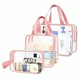 ZIOSINM 3 Stück Reise Kulturbeutel Transparent, Kulturtasche Damen Kosmetiktasche Durchsichtig, PVC Reise Waschtasche, Durchsichtige Tasche für Makeup, Flüssigkeiten & Hygieneartikel (Rosa)