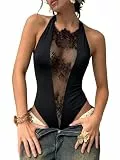 GORGLITTER Damen Y2k Body Spaghettiträger Bodysuit Ärmellos Sommrbody mit Durchsichtige Spitze Spitzenbody Partybody Rave Outfits Schwarz M