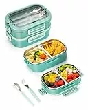 Lille Home Lunchbox, 2-stöckige Bento-Box mit 4 Fächern, 1650 ml Fassungsvermögen, inklusive Besteckset, BPA-frei, auslaufsicher (Grün)