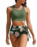 AI'MAGE Badeanzug Zweiteiliger Damen Sexy Bikini Oberteil Große Brüste mit Krawattenknoten Swimsuit Badeanzüge Bauchweg Sport, Armeegrün, XL