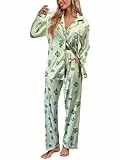 Famulily Herbst Pyjama Damen Lang Mode drucken weiche Pyjama Set Langarm Knopf vorne Shirt Pj Set 2 Stück Schlafanzug Grün M