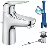 GROHE Swift, Waschtischarmatur, wassersparend (Wasserhahn für das Bad, Badarmatur mit Zugstangen-Ablauf, 16cm hoch, mit 3in1 Werkzeug, einfache Installation am Waschbecken), chrom, 24316001
