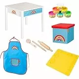 roba x Play-Doh Basteltisch mit Hocker - Spielset aus FSC-zertifiziertem Holz mit 6 Knetdosen, Holzwerkzeugen, 3D-Kreativmatte, Schürze & Aufbewahrungsbox - Ab 3 Jahren