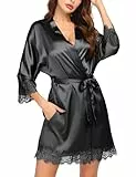 Ekouaer Damen Morgenmantel Kimono Bademantel Satin Nachthemd Nachtwäsche Mit Blumenspitze Schwarz M