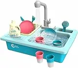 cute stone Küchenspüle Spielzeug Set mit warmbarem Wasser-Recycling Wasserhahn und Waschbecken, Wärme Farbwechsel Geschirr Set, mit Obst-Schneiden für Kinder ab 3 Jahre (Blau)